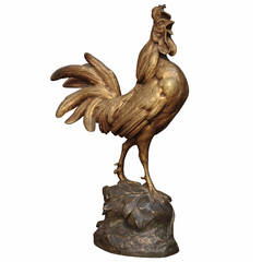 Antique 19th Century French Rooster Bronze Statue, Signed Comolera