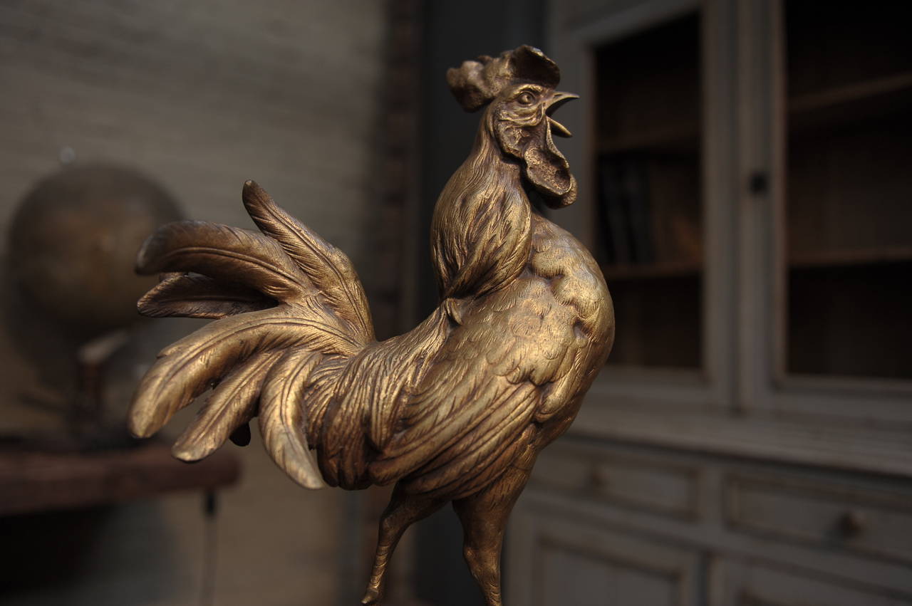 19th century bronze crowing rooster signed Comolera with Societe Des Bronzes De Paris foundry stamp. 
French animal sculptor Paul Comolera (1818-1897) was specialized in roosters (the symbol of France).
 Very nice detail and patina.
19th Century