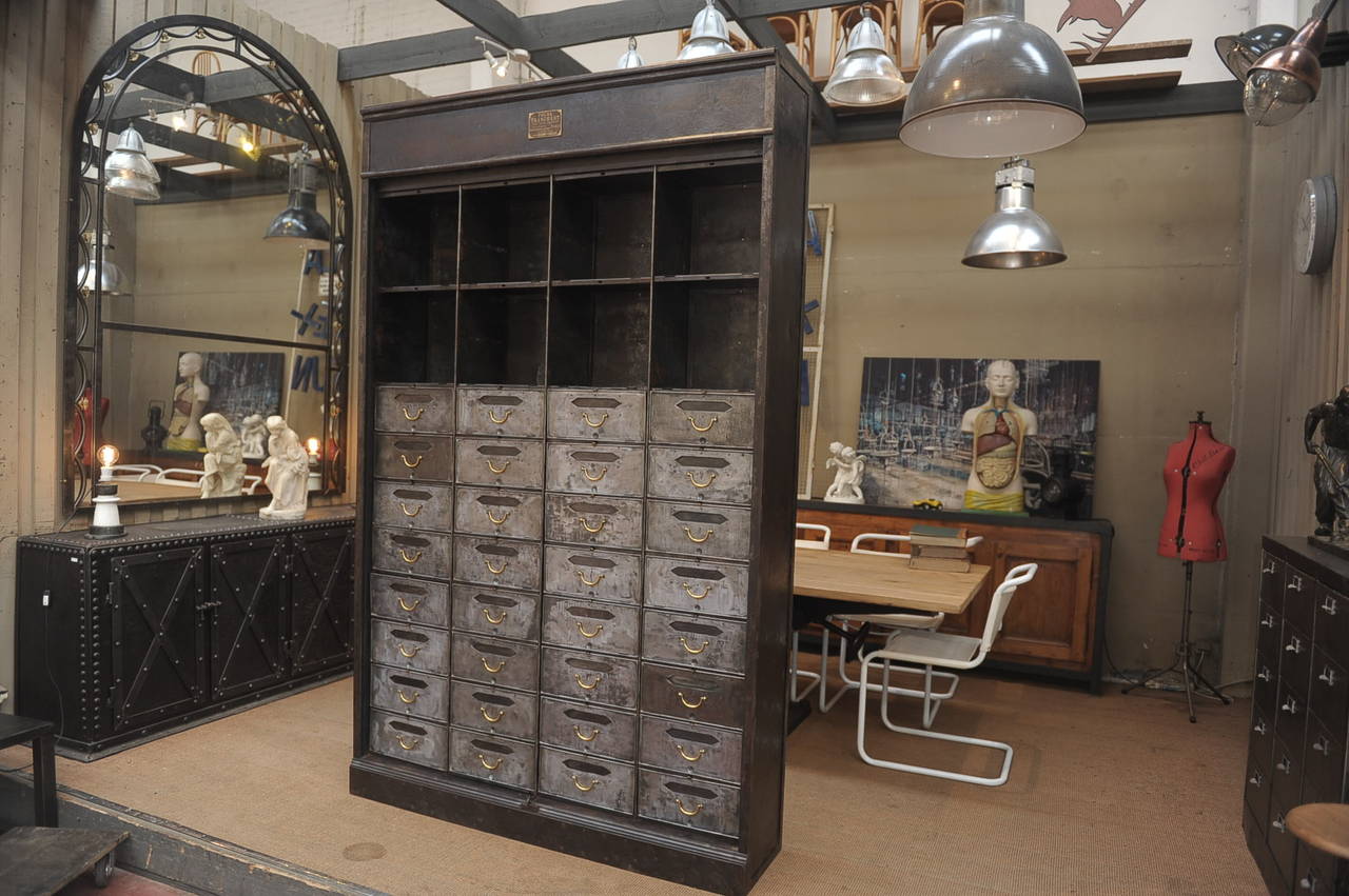 Industrial Iron French Multi-Drawer Cabinet, circa 1920 1