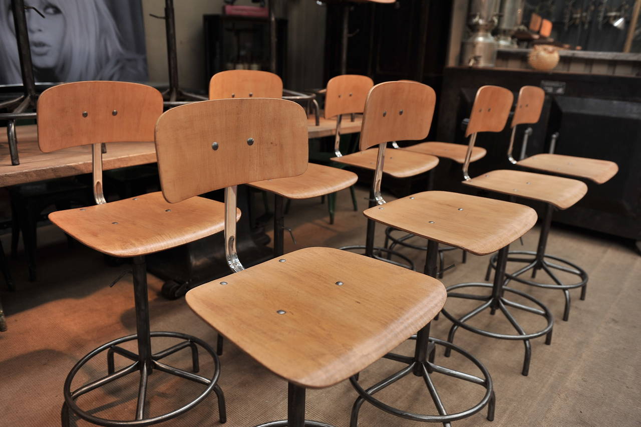 Mid-20th Century Adjustable Industrial Architect Turning and Adjustable Stools, circa 1950