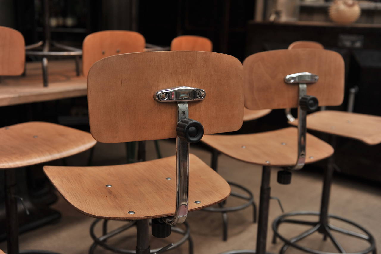 French Adjustable Industrial Architect Turning and Adjustable Stools, circa 1950