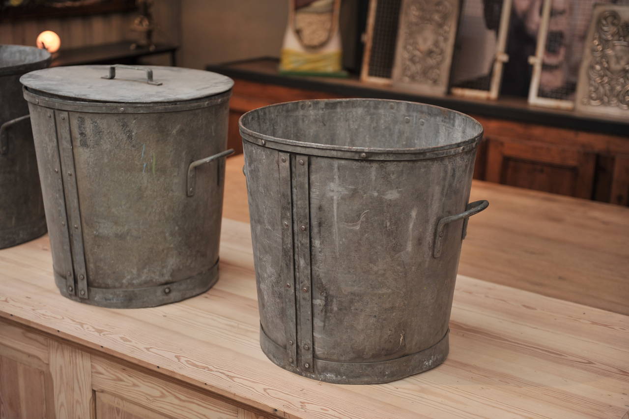 Industrial Vintage Parisian Galvanized Riveted Metal Buckets Circa 1920