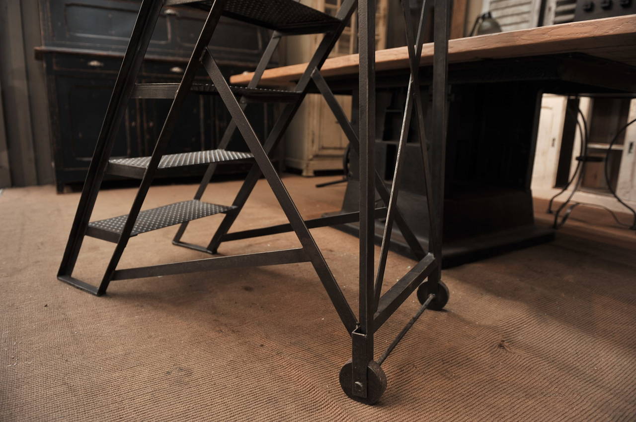  French Factory Iron  Industrial Stepladder  on Wheels 1920s 1
