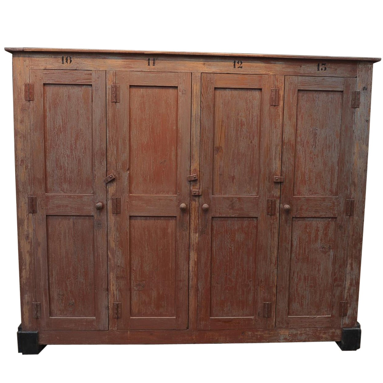Industrial French Factory Wood Original Painted Locker Cabinet, circa 1950 For Sale
