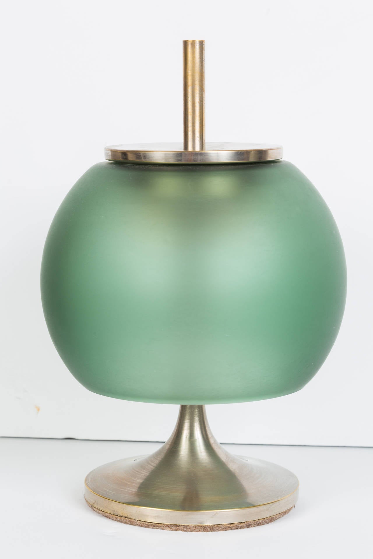 1960s Emma Gismondi Schweinberger 'Chi' Table Lamps for Artemide. These supremely minimal and elegant table lamps are executed in nickel plated metal and handblown green opaline glass. 

Price is per item.