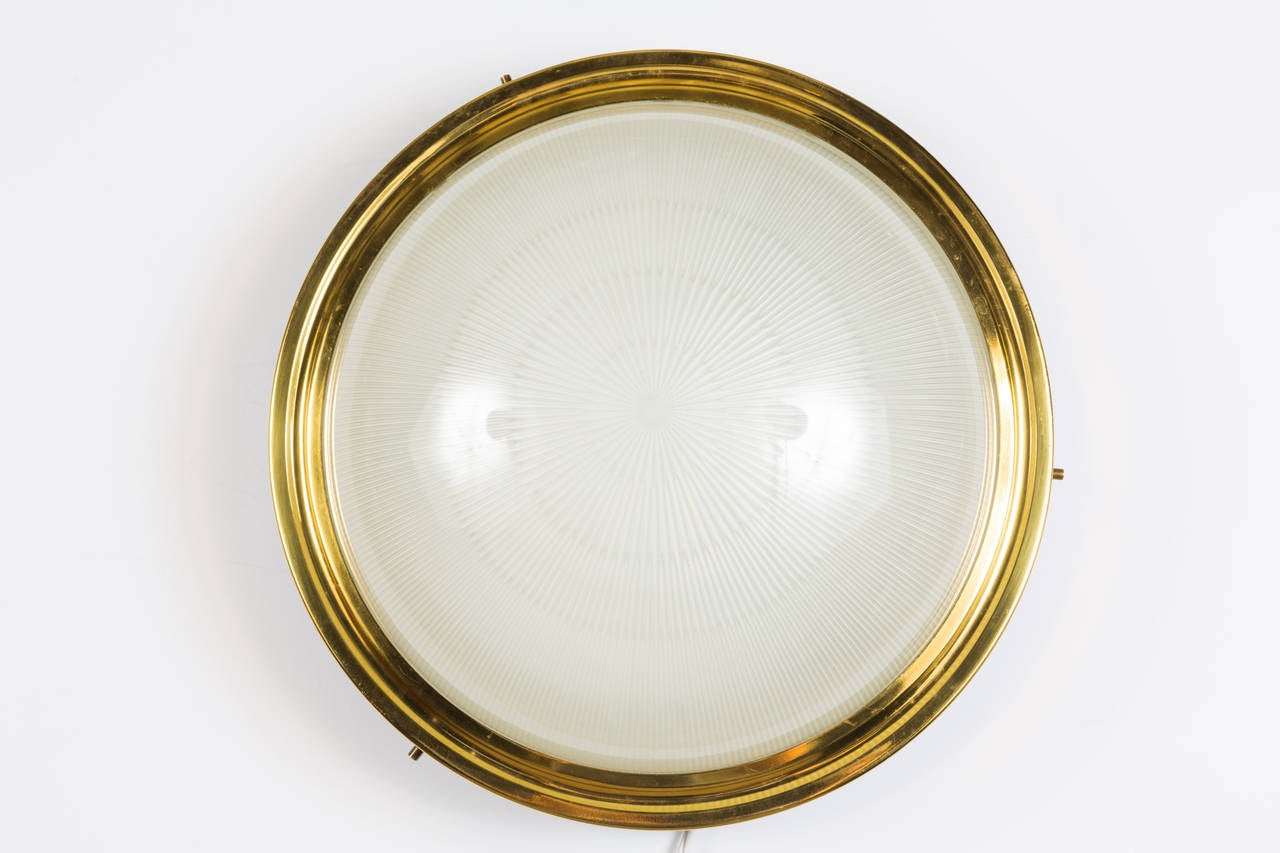 Large Sergio Mazza Wall or Ceiling Light for Artemide c. 1960s. This architectural and minimalist designed light an be used as a flushmount or sconce. Executed in black metal, brass and pressed glass. 
