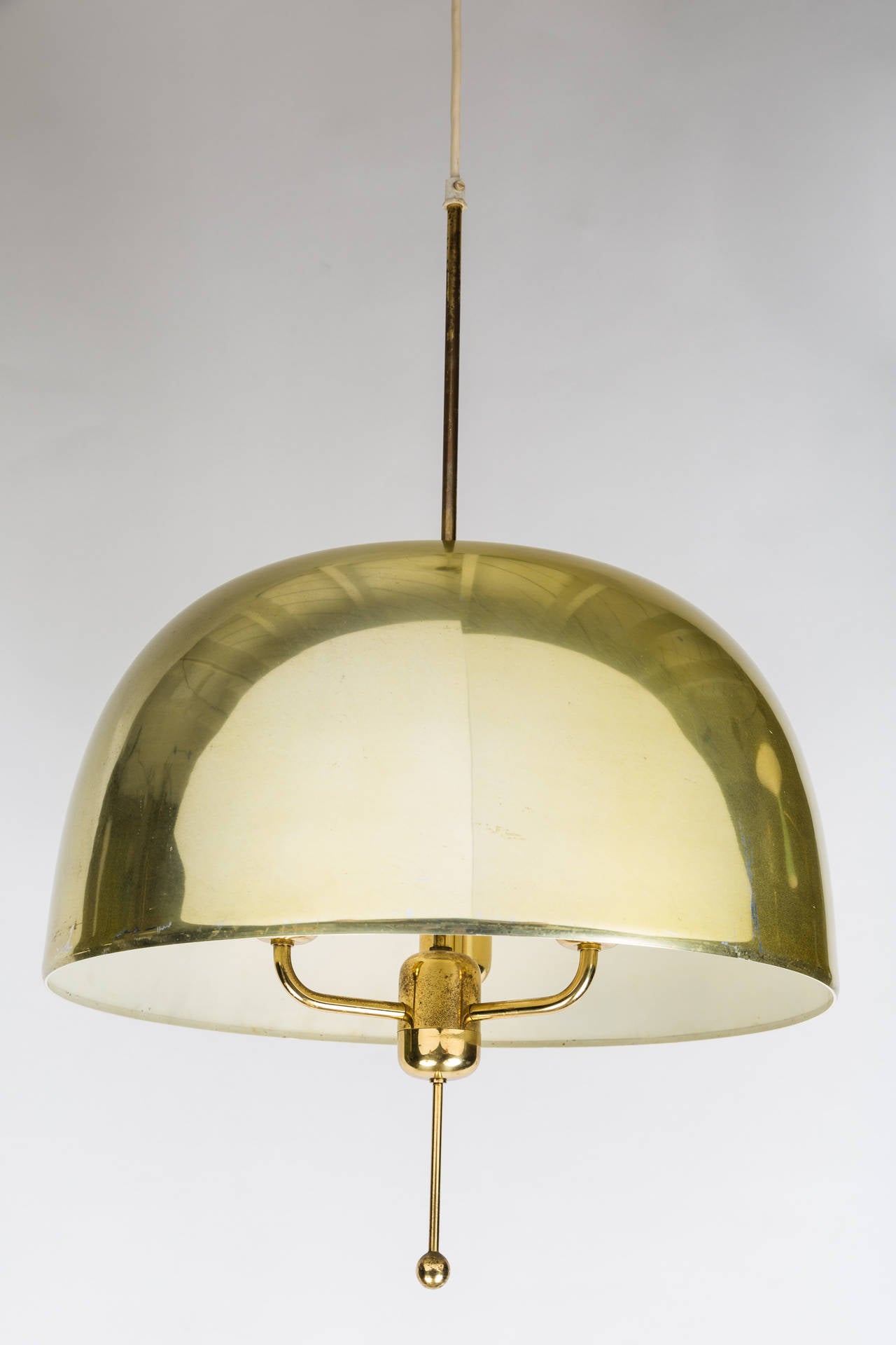 1950s Hans-Agne Jakobsson T 549/3 Brass Chandelier for Markaryd. A unique and refined design by the prolific and increasingly collectible Swedish legend. Retains original AB Markaryd manufacturers stickers.