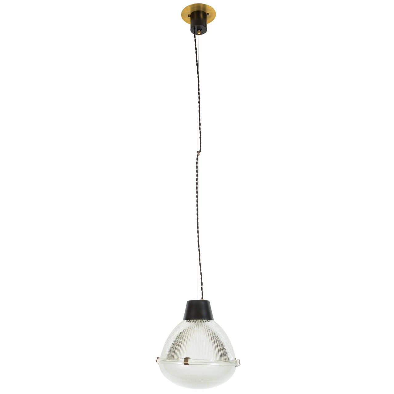 1960s Ignazio Gardella Pendant for Azucena. Executed in black metal, brass and pressed glass. A singular design of incomparable sophistication and refinement. 

Measurements for lamp body. Drop can be adjusted to desired height (50+ inches of