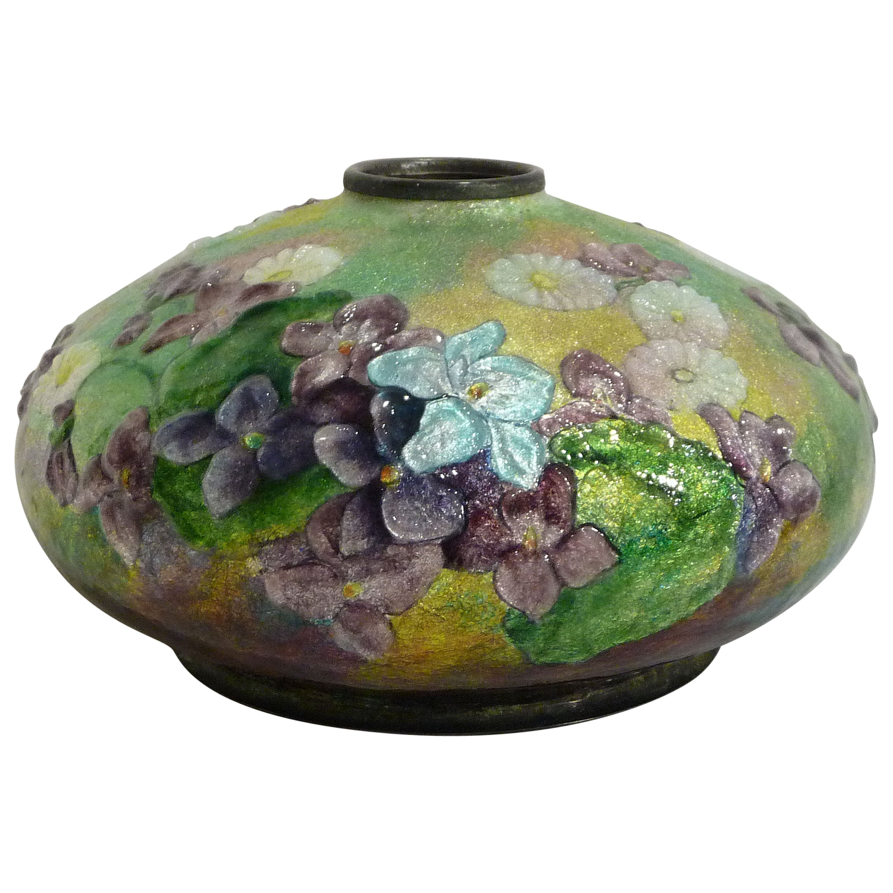 Camille Fauré, Art Nouveau Enameled Copper Vase, Signed For Sale