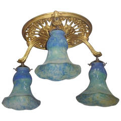 Daum Nancy, Louis Majorelle, 4 Gilt Bronze Ceiling Lights and Blue Mottled Glass