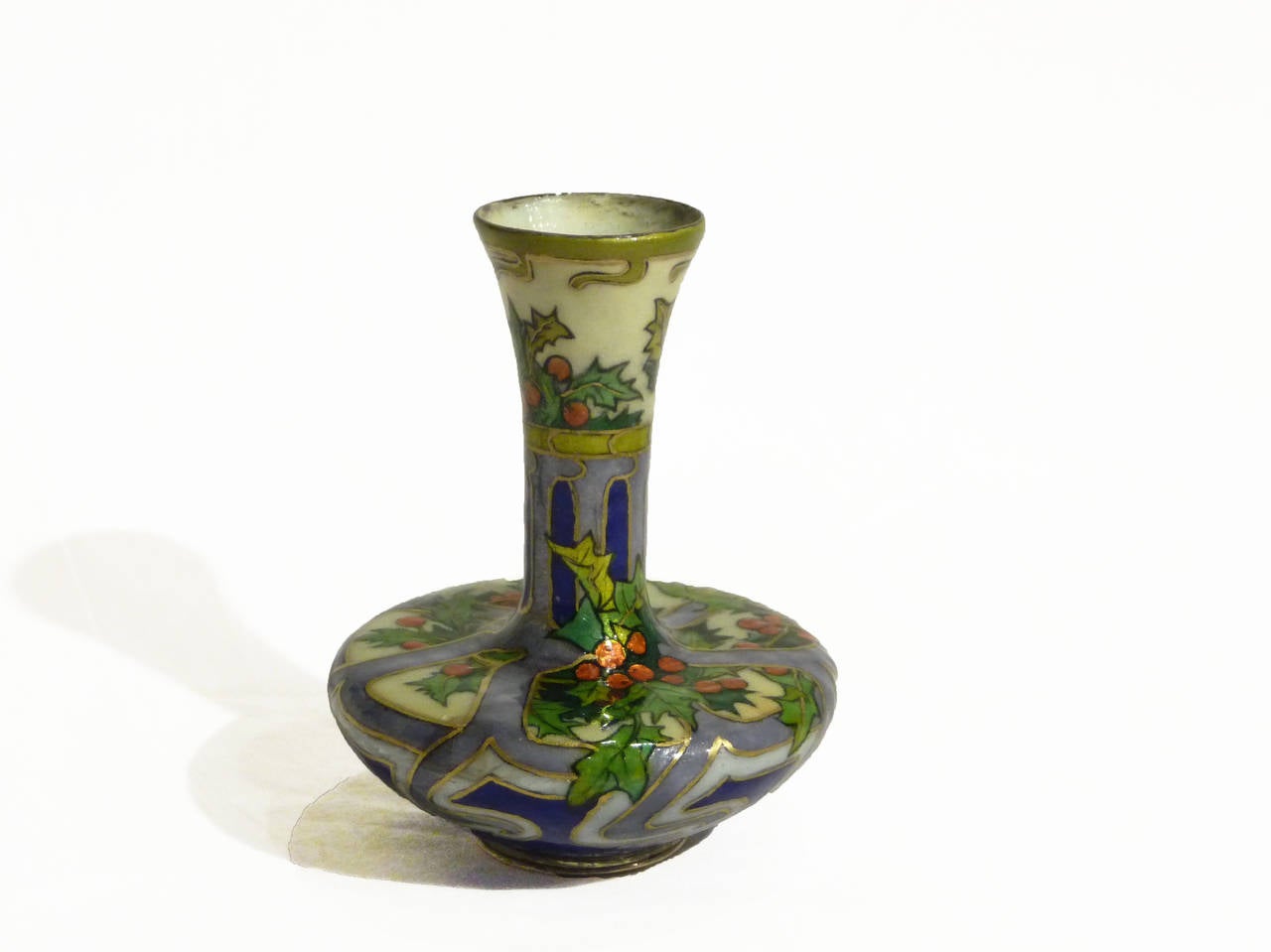 Paul Bonnaud
An Art Nouveau Vase
Enamel on copper vase decorated with mistletoe leaves
Signed
Dated, 1903