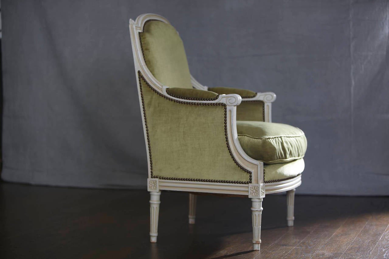 Original Louis XVI style Bergere from France, circa 1940s upholstered in green velvet.