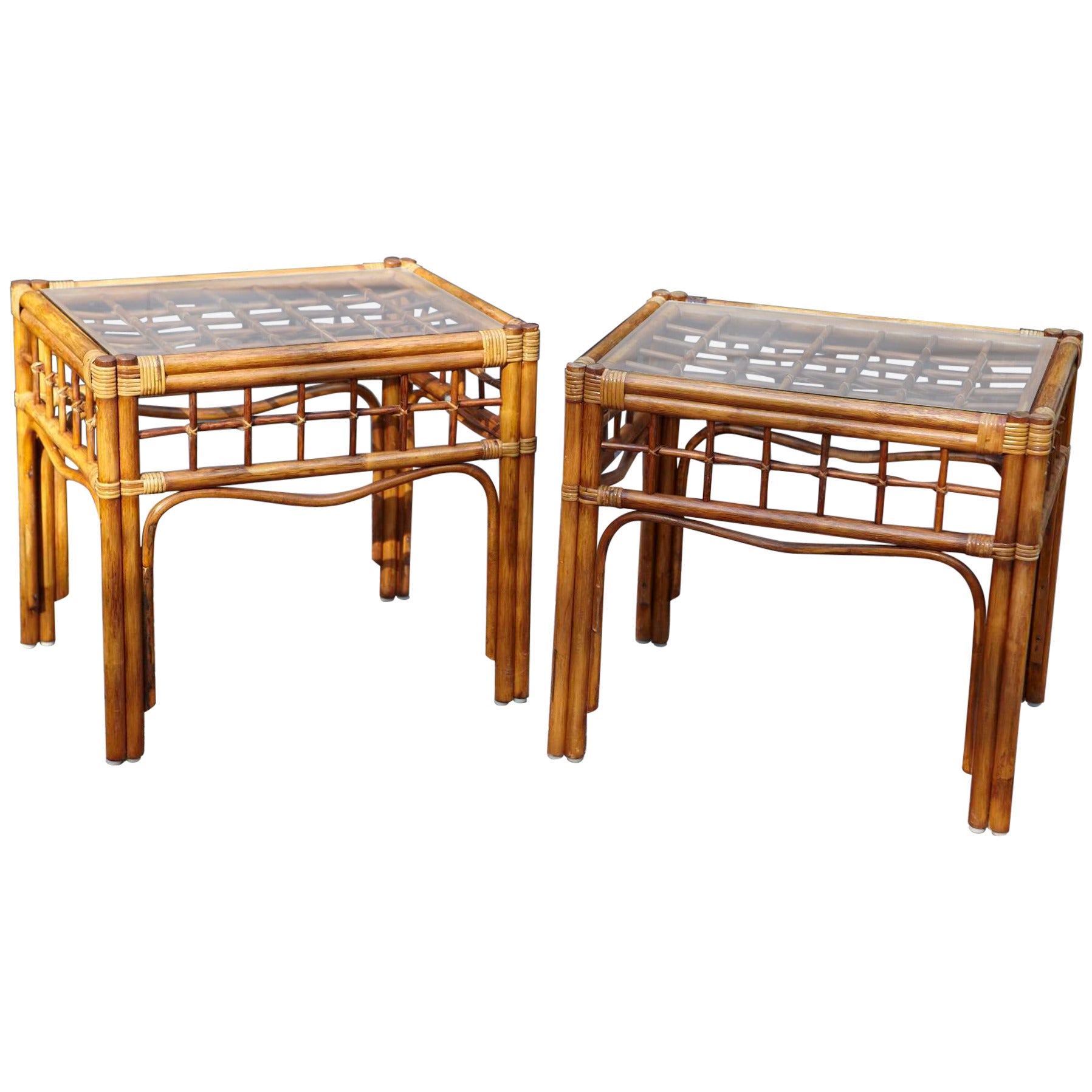 Pair of Vintage Rattan Side Tables in the Style of Franco Albini