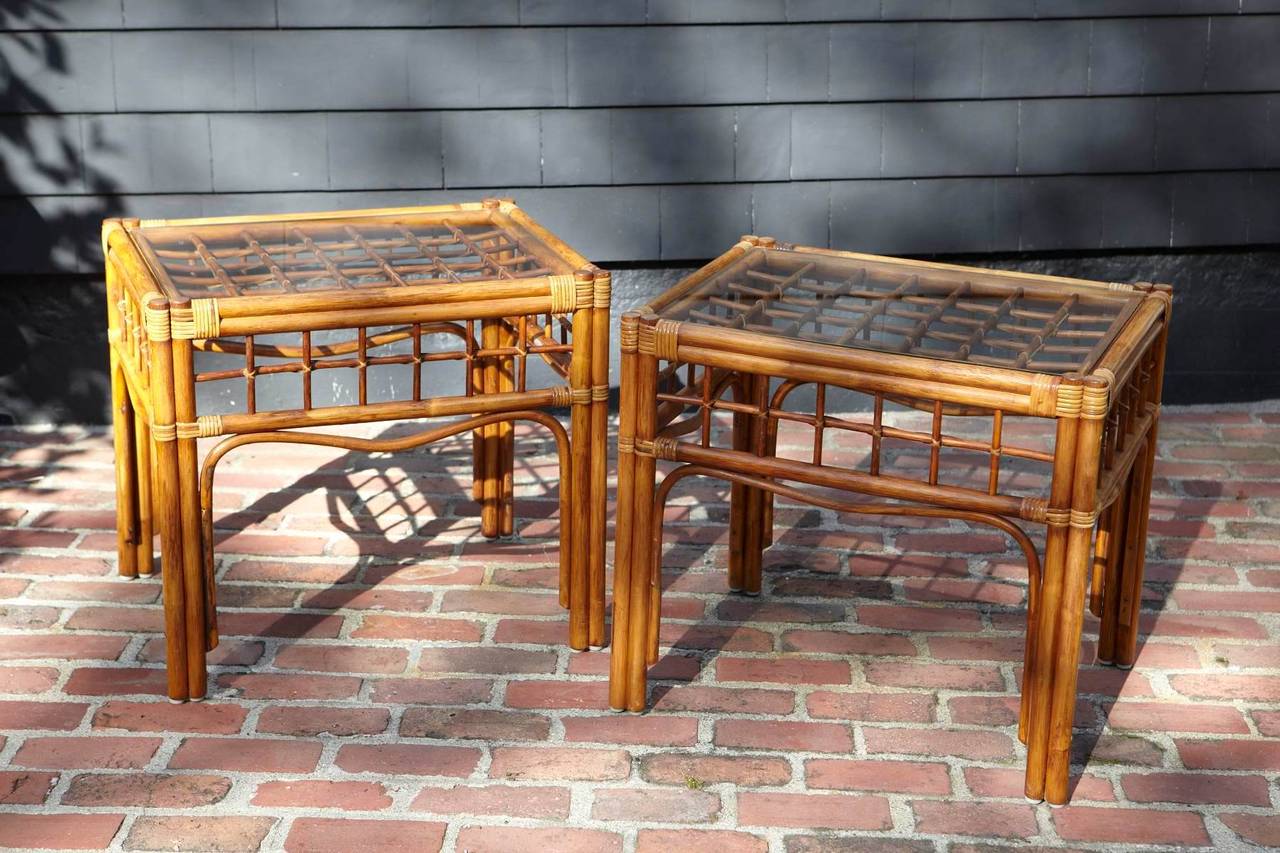 Late 20th Century Pair of Vintage Rattan Side Tables in the Style of Franco Albini