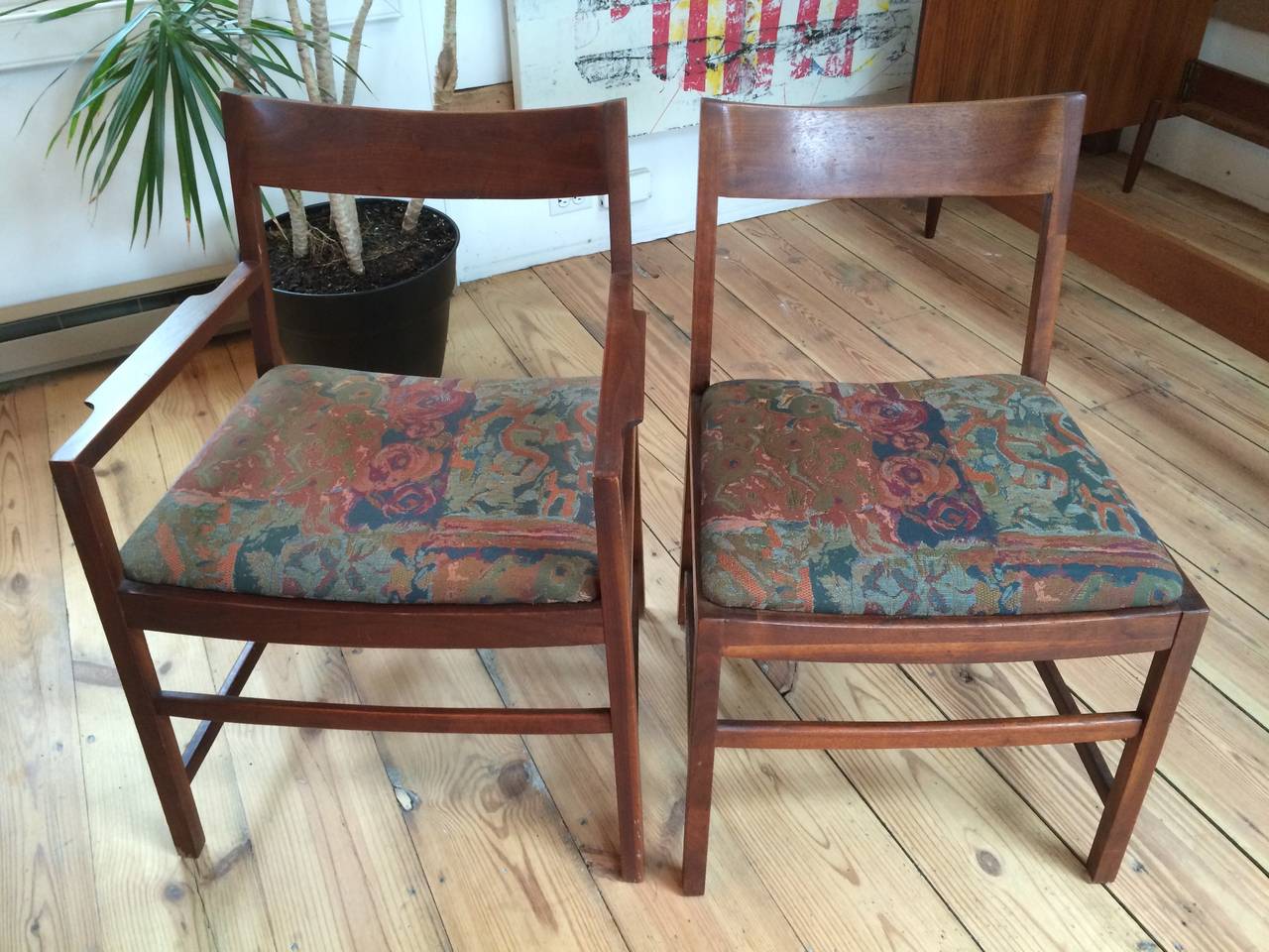 Fabric Danish Midcentury Walnut Dining Table with Six Matching Walnut Chairs