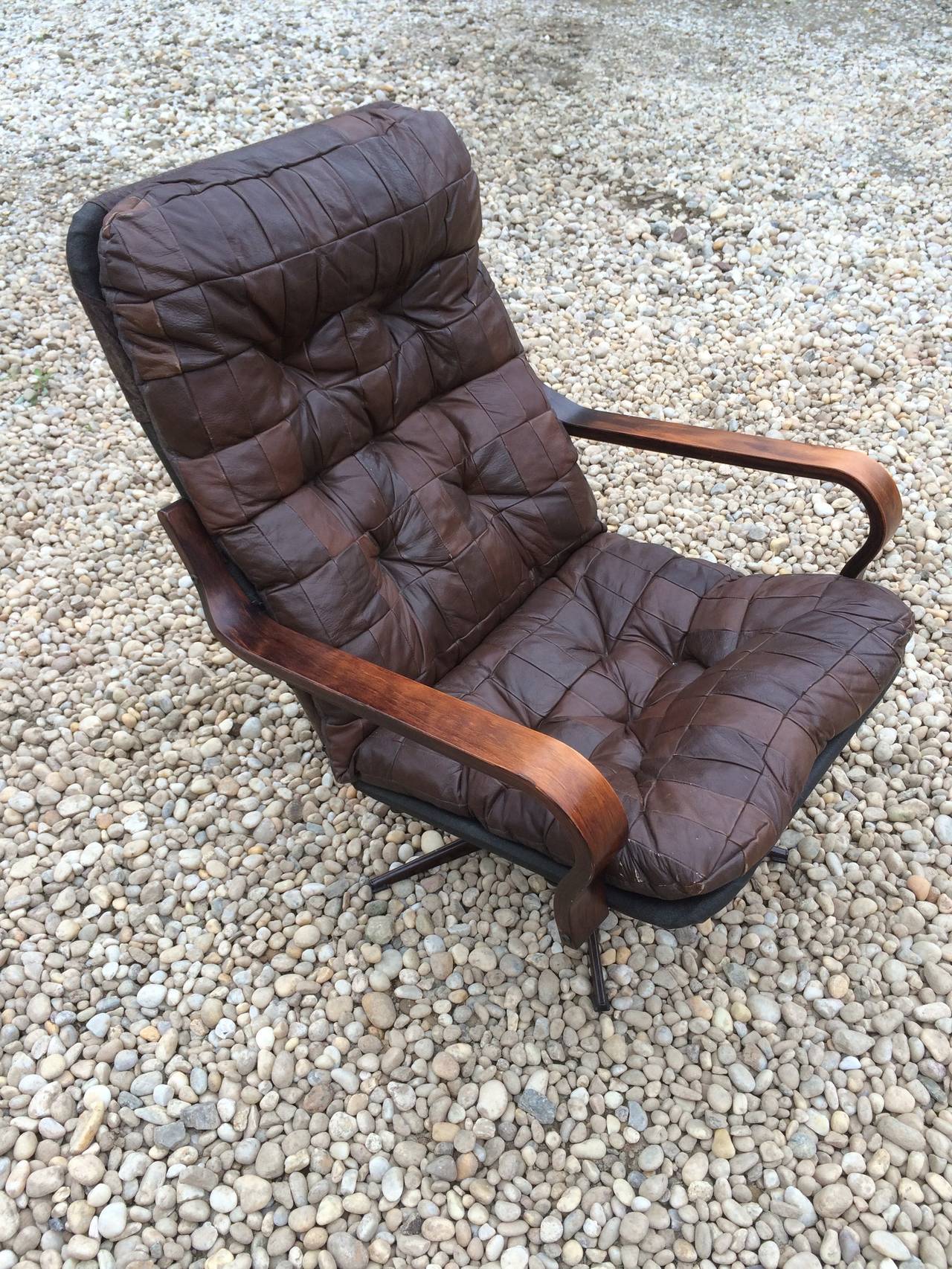 1970s patchwork leather swivel chair (pair available upon request)