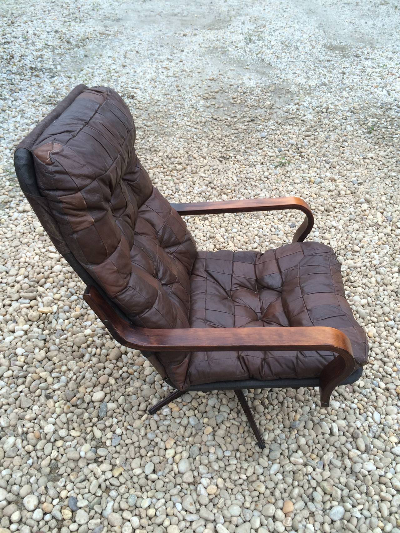 Mid-Century Modern Leather and Walnut Swivel Recliner