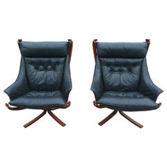 Single Dark Jade Green Leather and Rosewood "Falcon Chair"