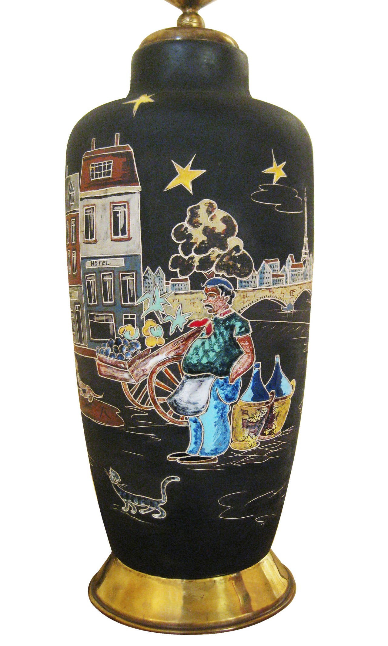 Complimentary pair of ceramic lamps with details glazed in bright colors. Trimmed in brass. Of German origin; signed Keto Keramik, Montmartre Edition, circa 1950.

The scenes on both lamps depict Parisian bohemian life in Montmartre. The shades