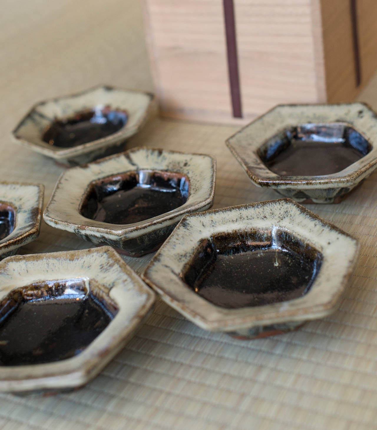 Set of Six Hexagonal Dishes by Shoji Hamada in Signed Box