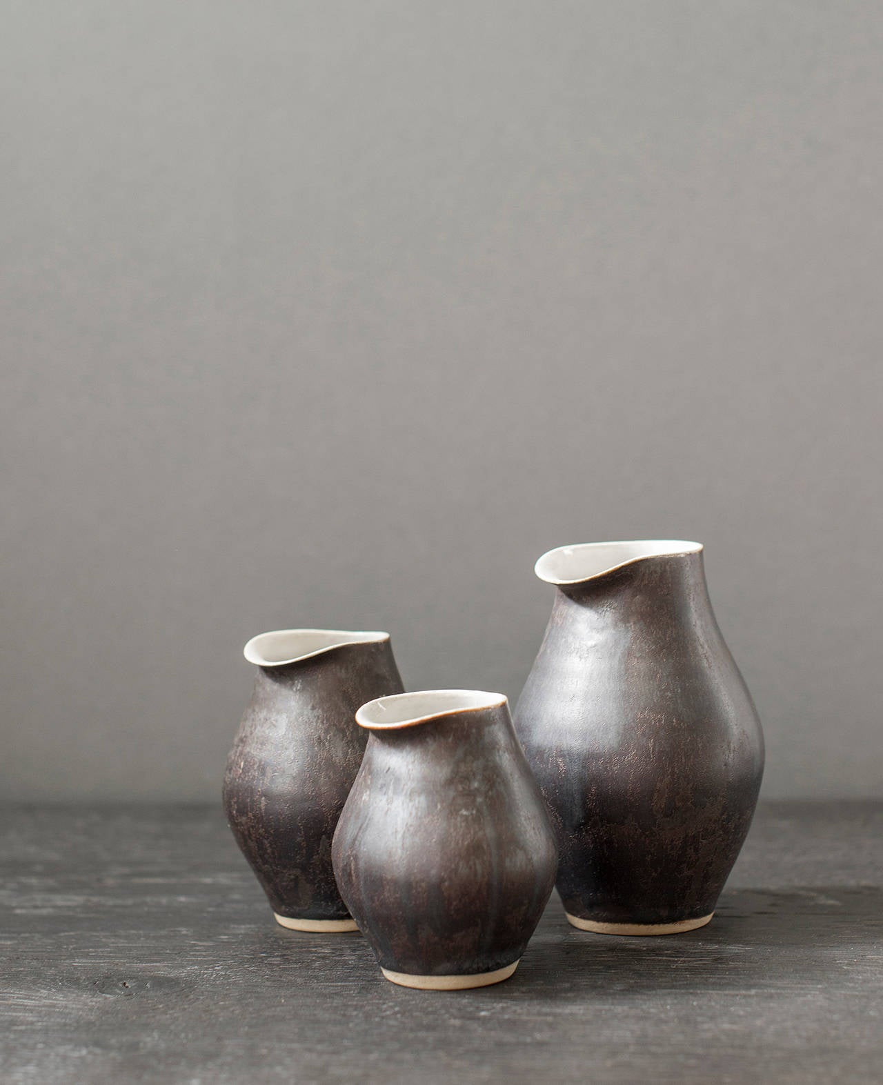 Mid-Century Modern Set of Three Black Jugs by Dame Lucie Rie