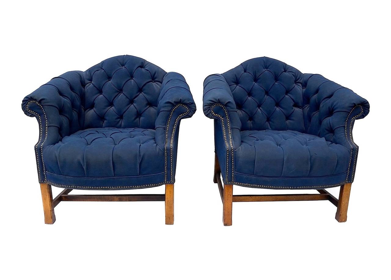 Button Tufted Club Chairs in Navy Canvas 4