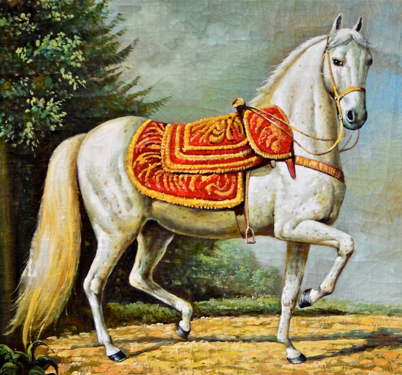 Spanish Colonial Oil Painting on Board of a Riderless Steed in the Spanish Taste For Sale