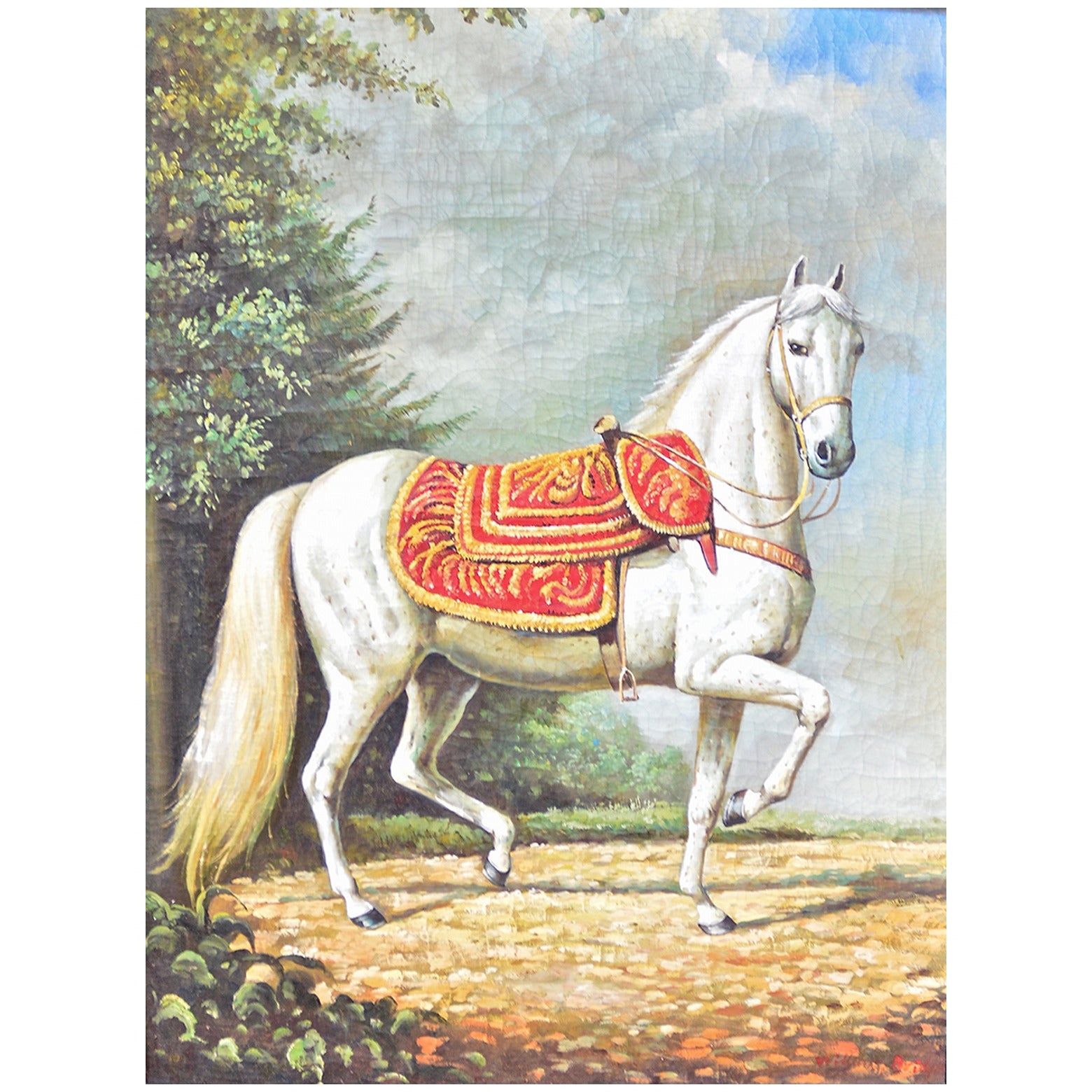 Oil Painting on Board of a Riderless Steed in the Spanish Taste For Sale