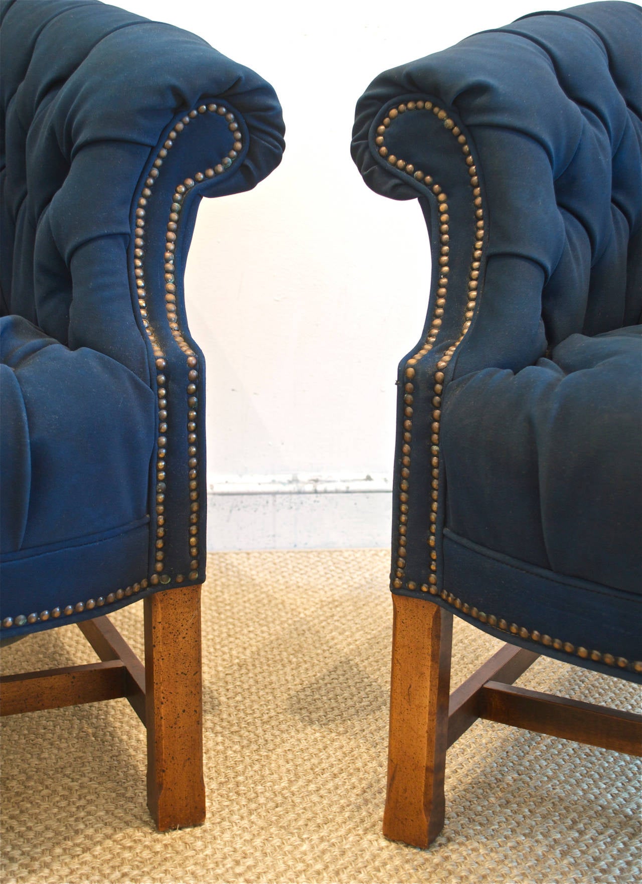 Button Tufted Club Chairs in Navy Canvas 1