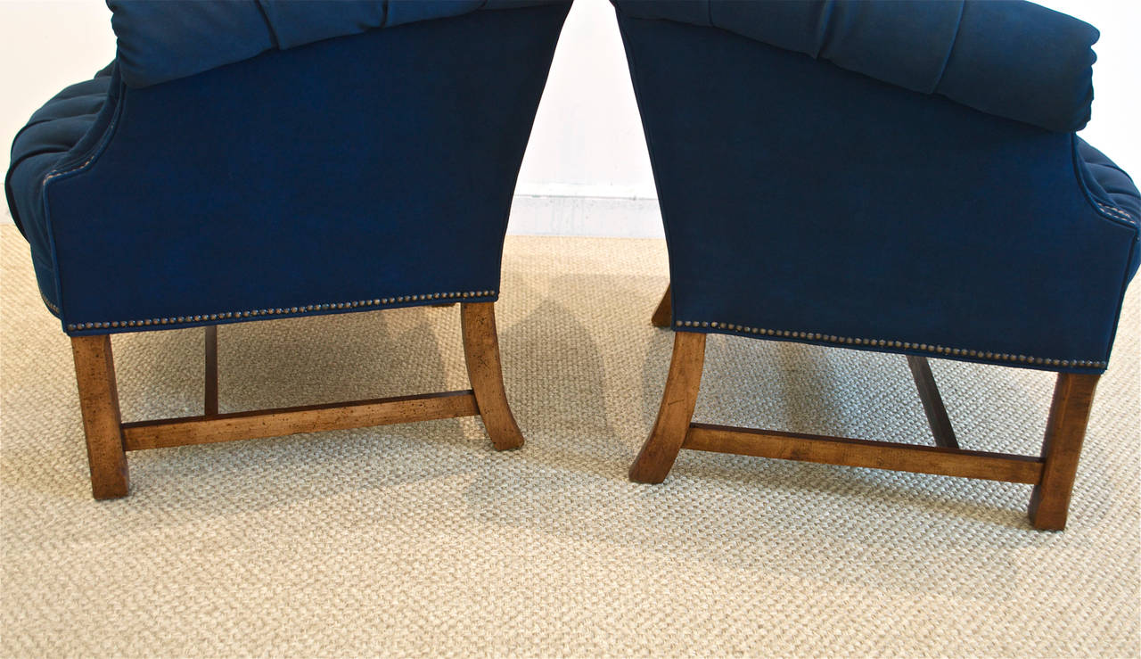 Wood Button Tufted Club Chairs in Navy Canvas