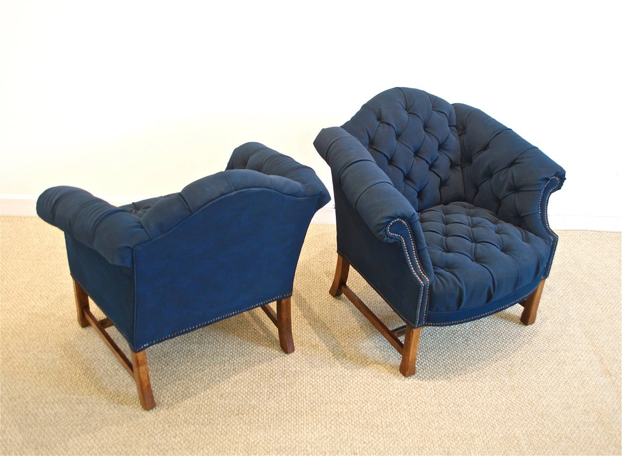 Late 20th Century Button Tufted Club Chairs in Navy Canvas