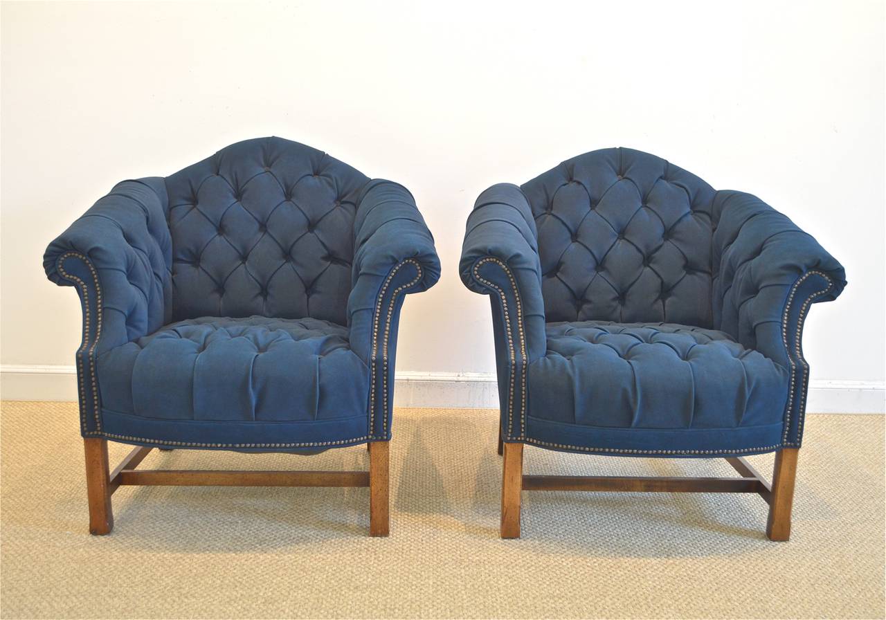 American Button Tufted Club Chairs in Navy Canvas