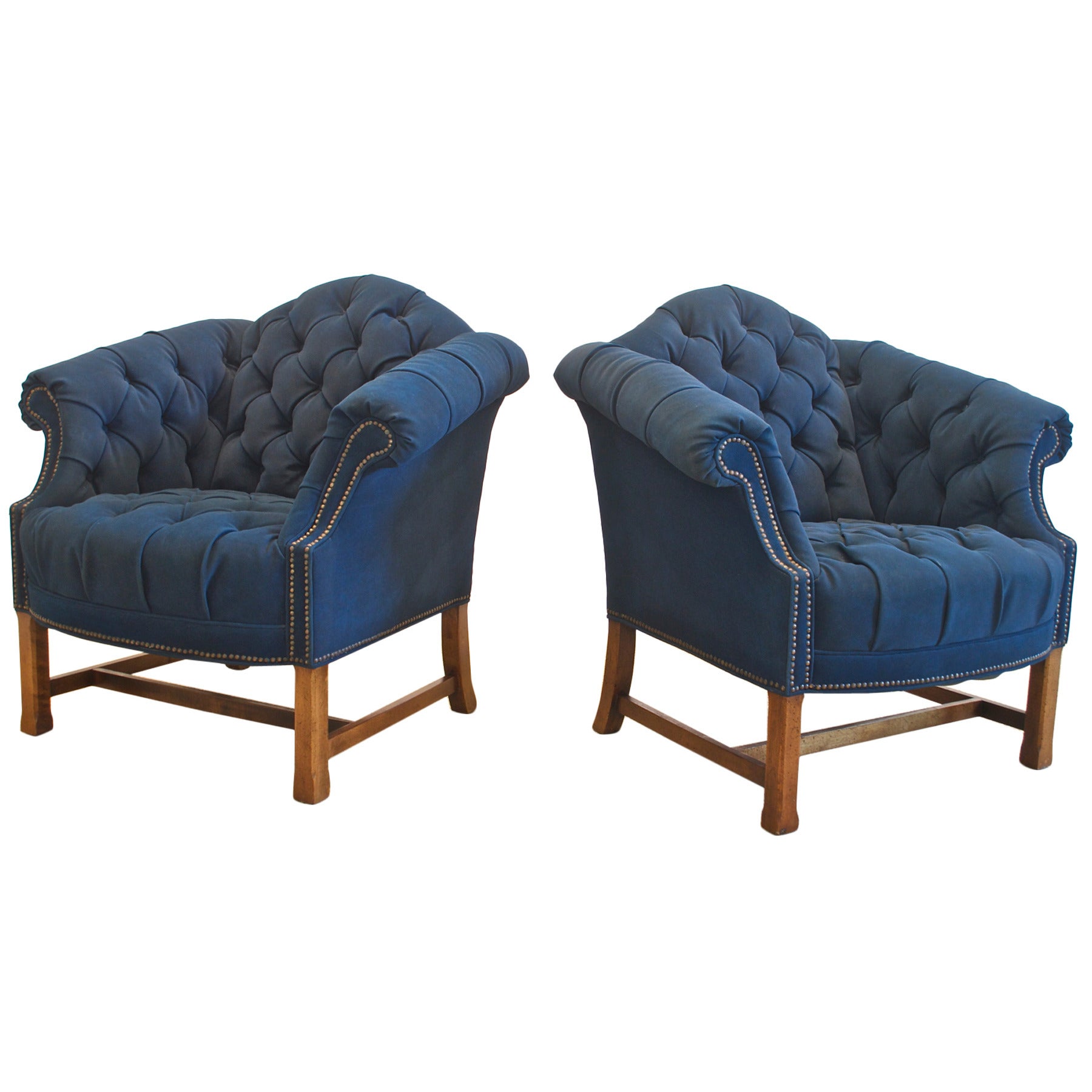 Button Tufted Club Chairs in Navy Canvas