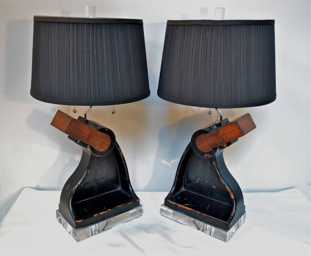 Fantastic and truly one of a kind pair of Industrial foundry molds custom fitted into lamps. Labelled 