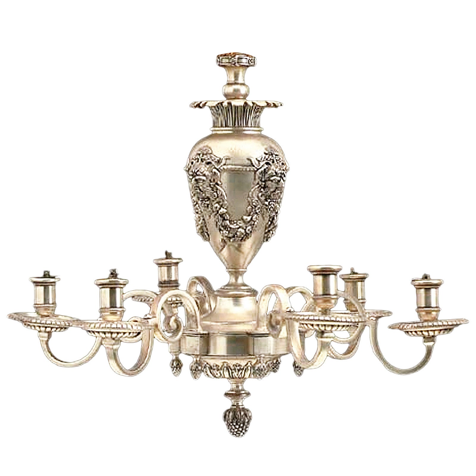 A Neoclassic Style Silvered-Metal Six-Light Chandelier Attributed to Caldwell For Sale