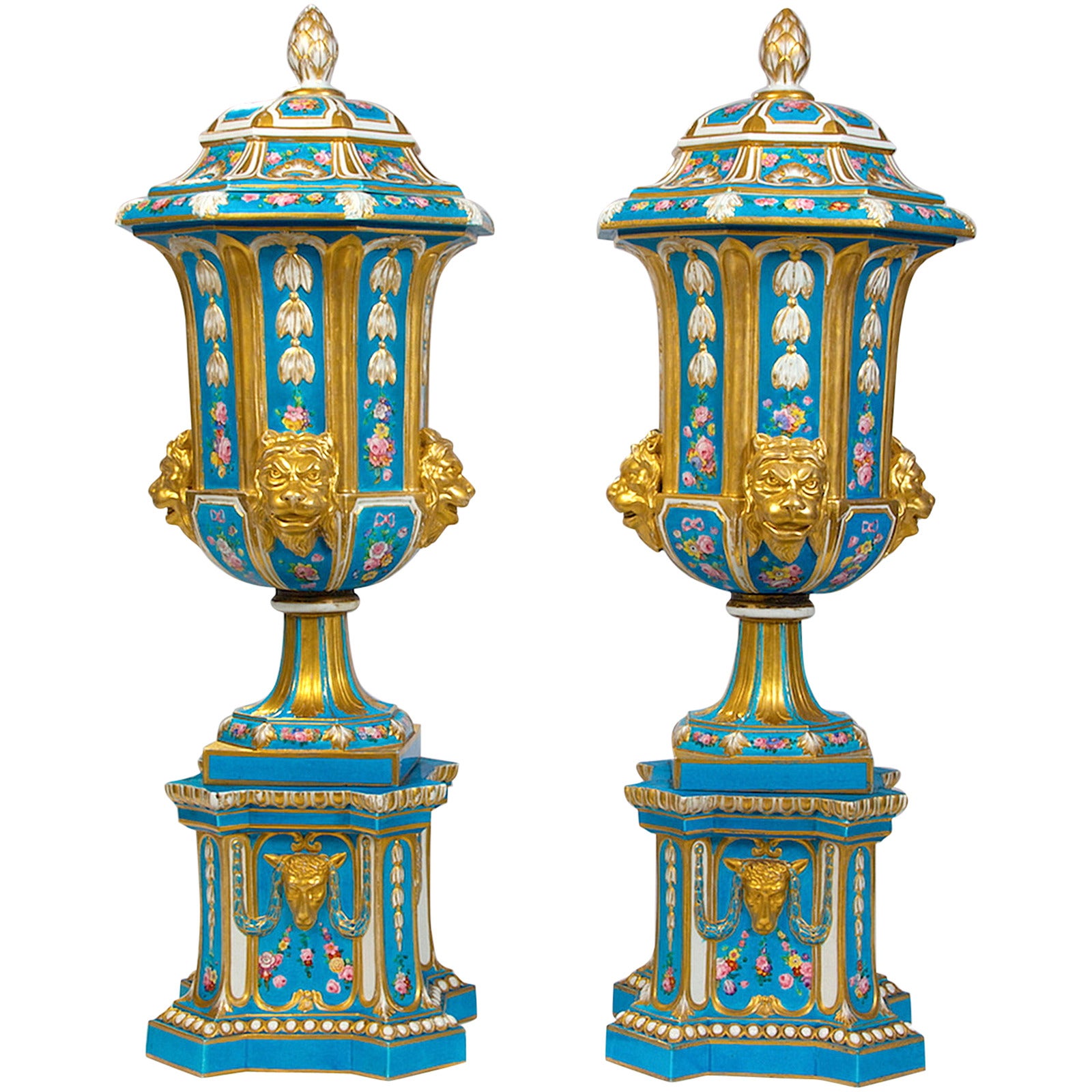 Important Pair of Sevres Style Gilded Porcelain Vases with Lion Heads