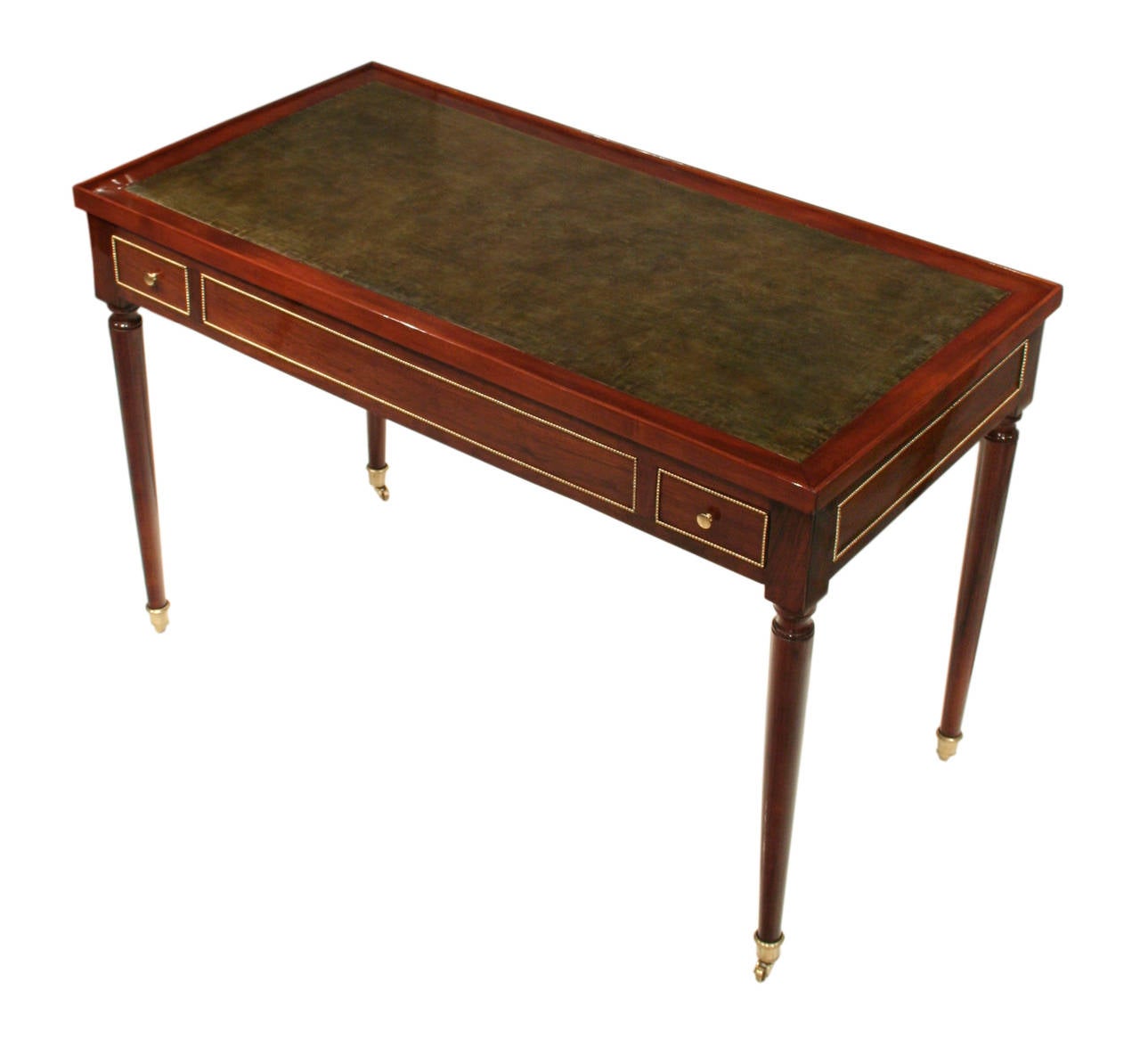 Directoire table with a reversible top. One side of the top has an elegant green leather inset for use as a writing desk, the other side is covered with green felt for card playing. The removal of the tabletop reveals a backgammon board. Two deep