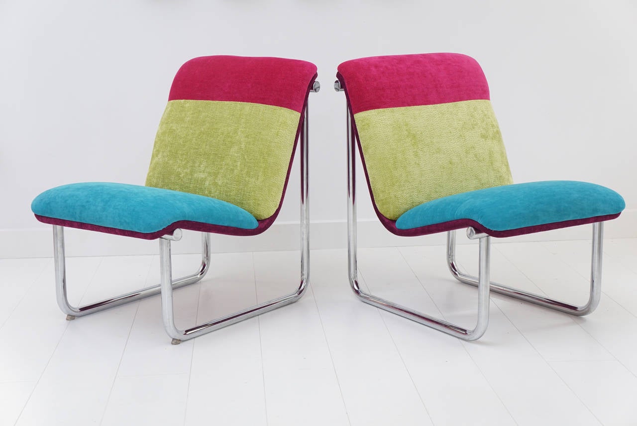 Vintage tubular side chairs freshly reupholstered multi-color Chenille.