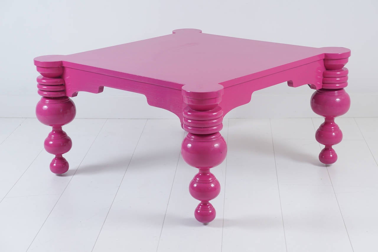 Contemporary custom overscale turned legs coffee table.