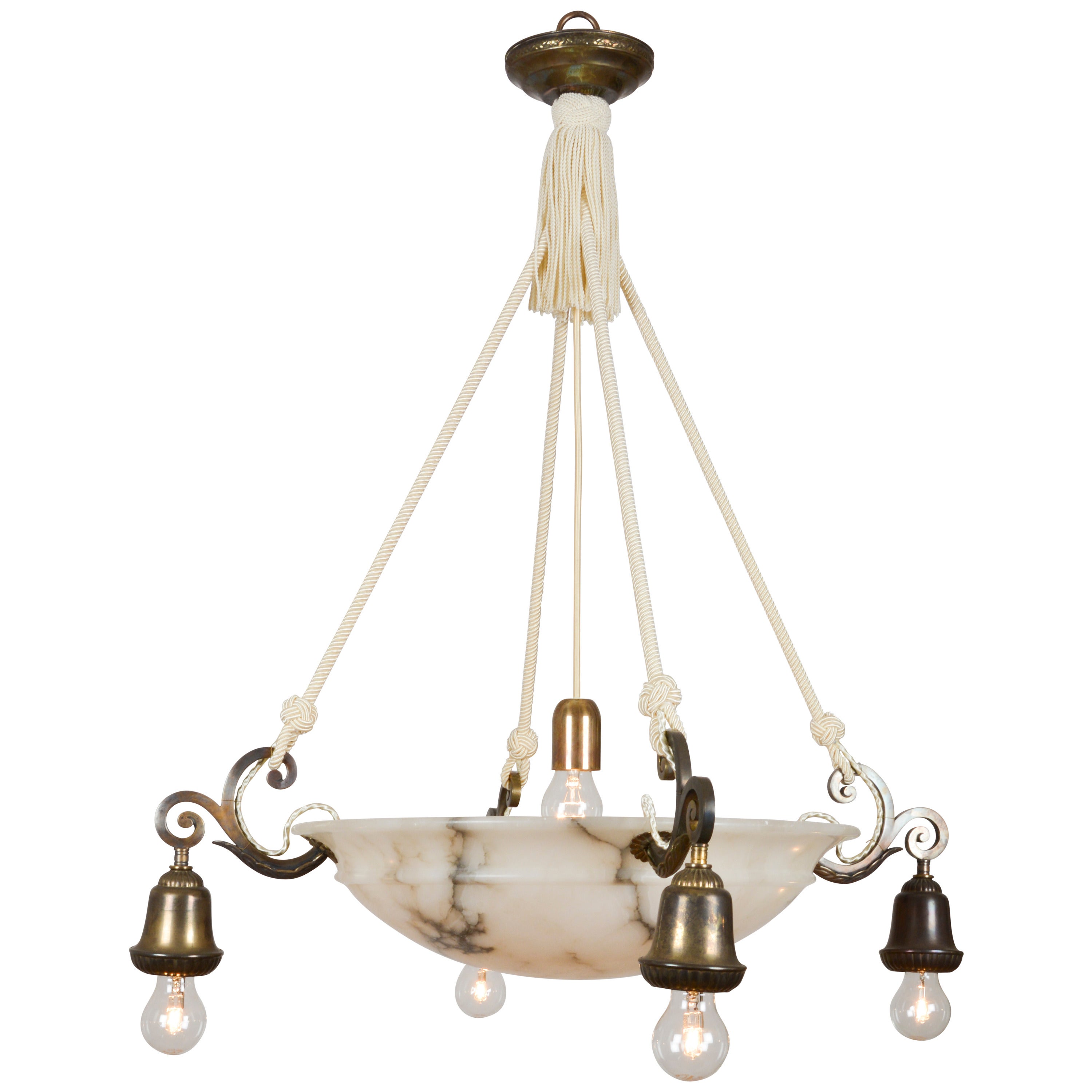 Five-Light Neoclassical Style Alabaster Bowl Chandelier For Sale