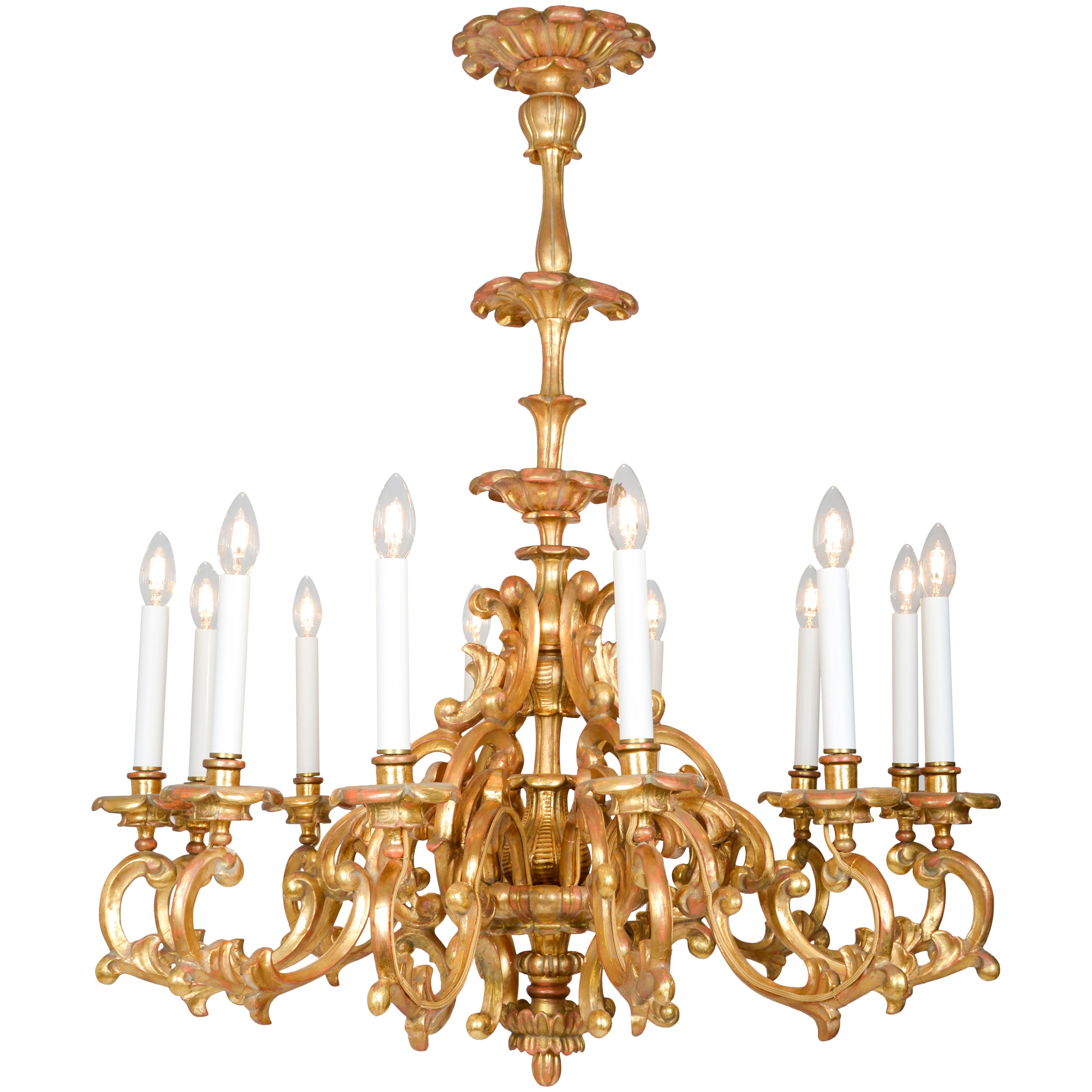 Baroque Style Twelve-Light Giltwood Chandelier For Sale