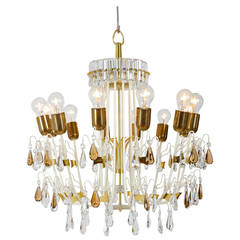 1950s Kalmar Style Crystal Chandelier with Brass Details and Anchor Shape Frame