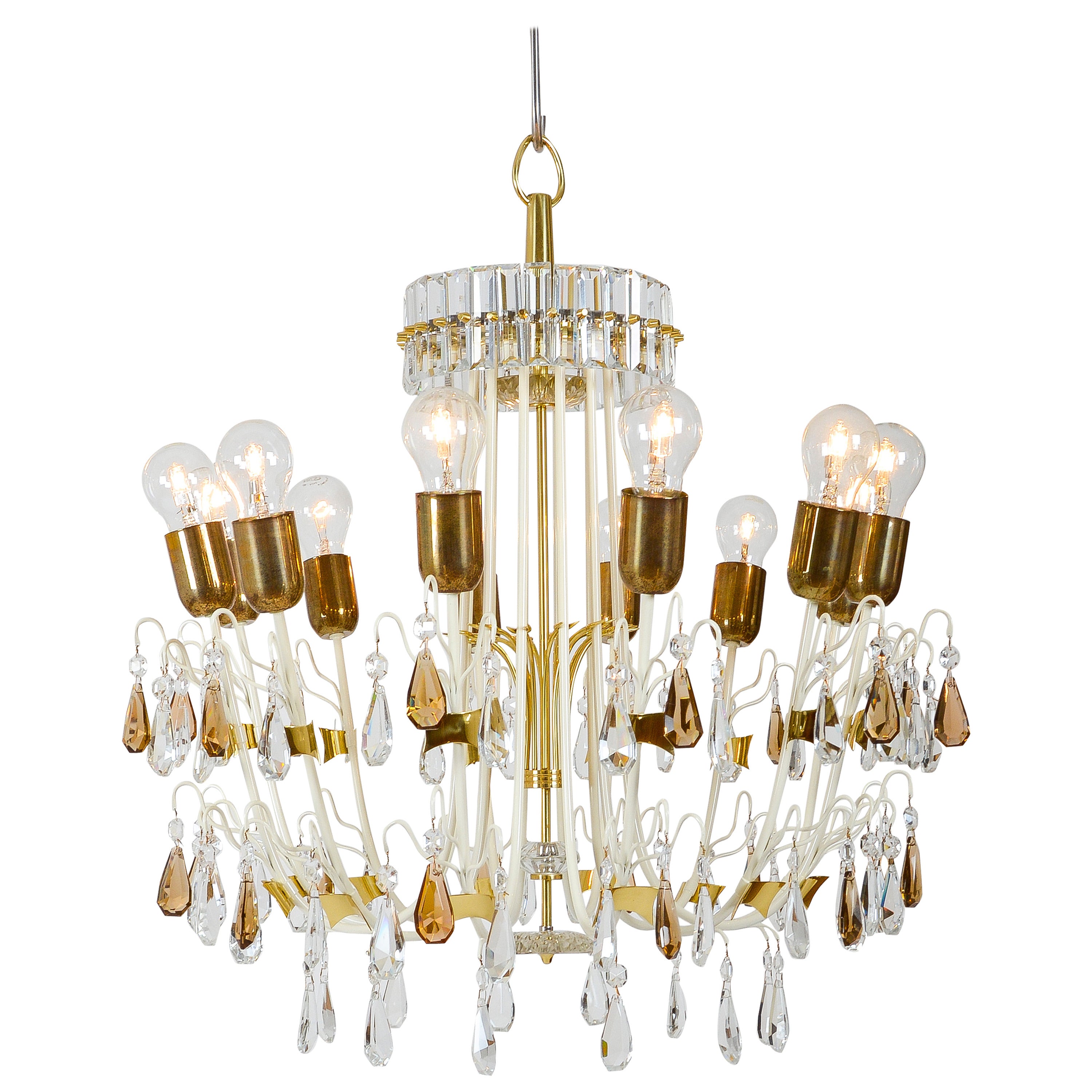 1950s Kalmar Style Crystal Chandelier with Brass Details and Anchor Shape Frame For Sale