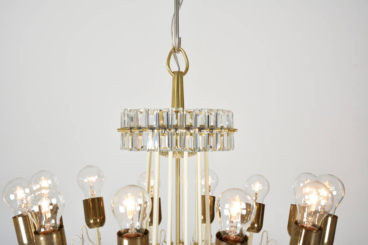 Modern 1950s Kalmar Style Crystal Chandelier with Brass Details and Anchor Shape Frame For Sale