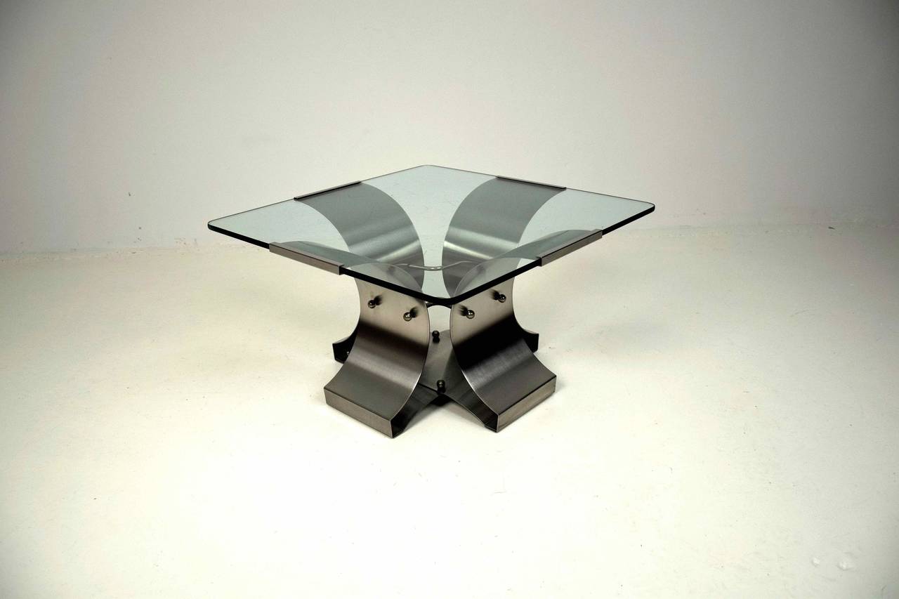 French Stainless Steel and Glass Coffee Table For Sale
