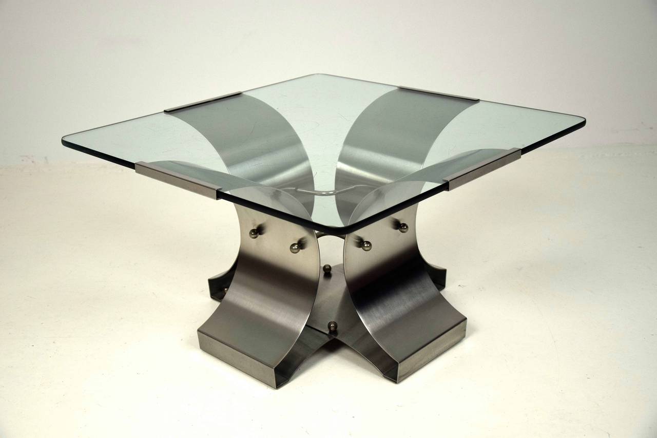 Brushed Stainless Steel and Glass Coffee Table For Sale