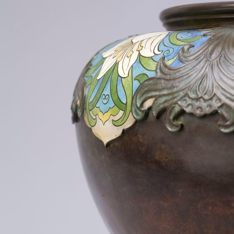 Swiss Art Nouveau Cloisonné on Brass Clement Heaton Flowerpot For Sale