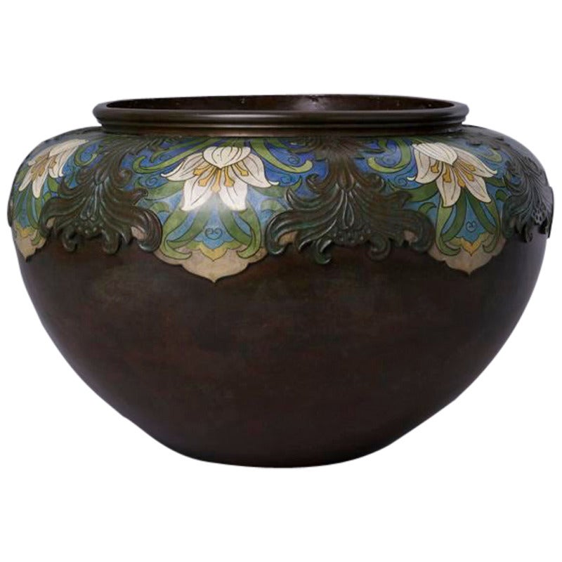 Art Nouveau Cloisonné on Brass Clement Heaton Flowerpot For Sale