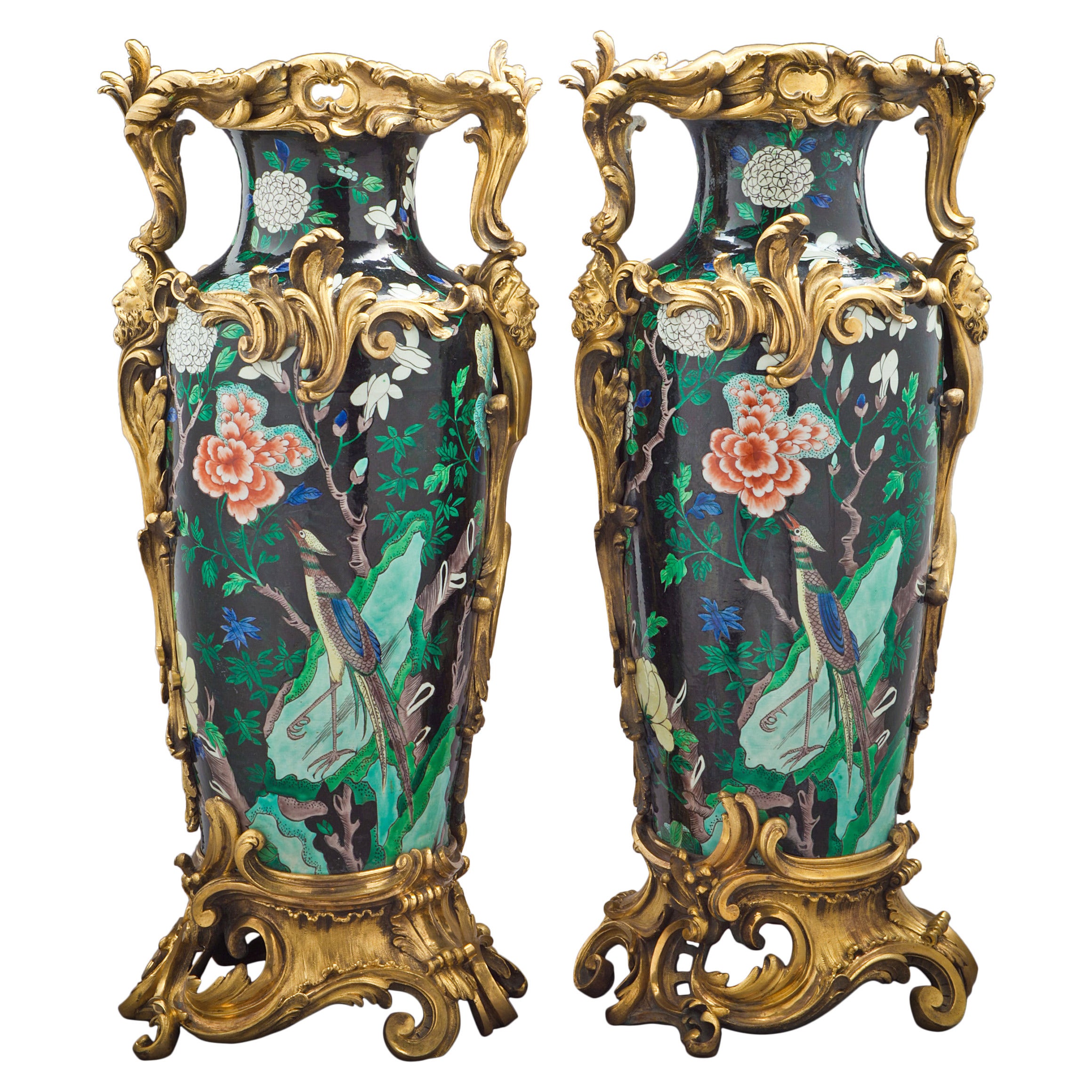 Pair of Bronze Mounted Famille Noire Vases, circa 1850 For Sale