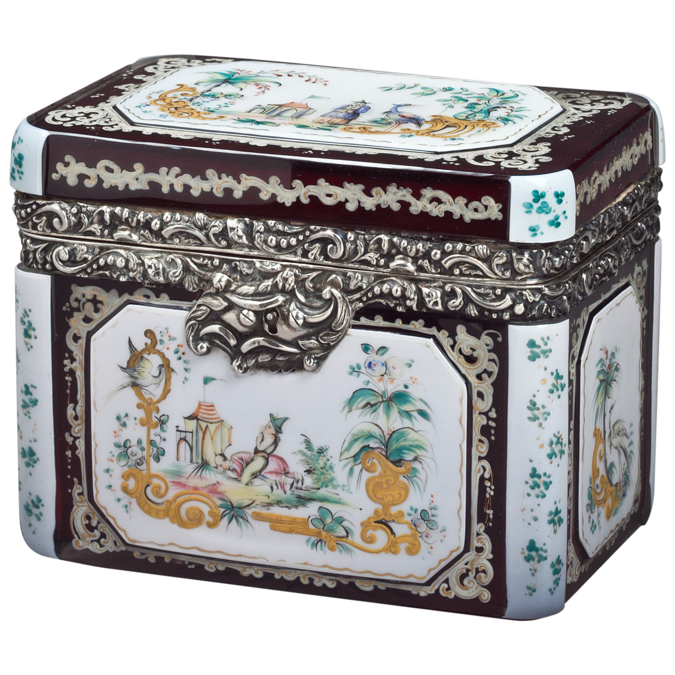 Bohemian Silver-Mounted Overlay and Enameled Box, Dated 1852 For Sale